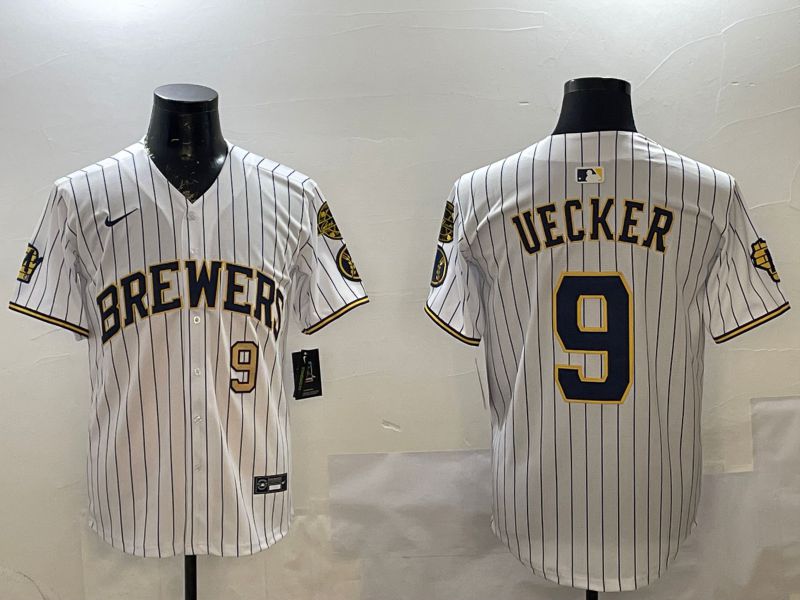 Men Milwaukee Brewers #9 Uecker White Stripe Fashion 2025 Nike MLB Jersey style 3